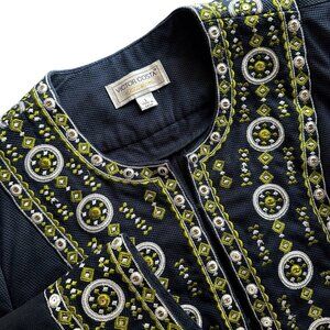 Victor Costa Womens Embroidered Blazer Size L Navy Embellished Textured Cotton